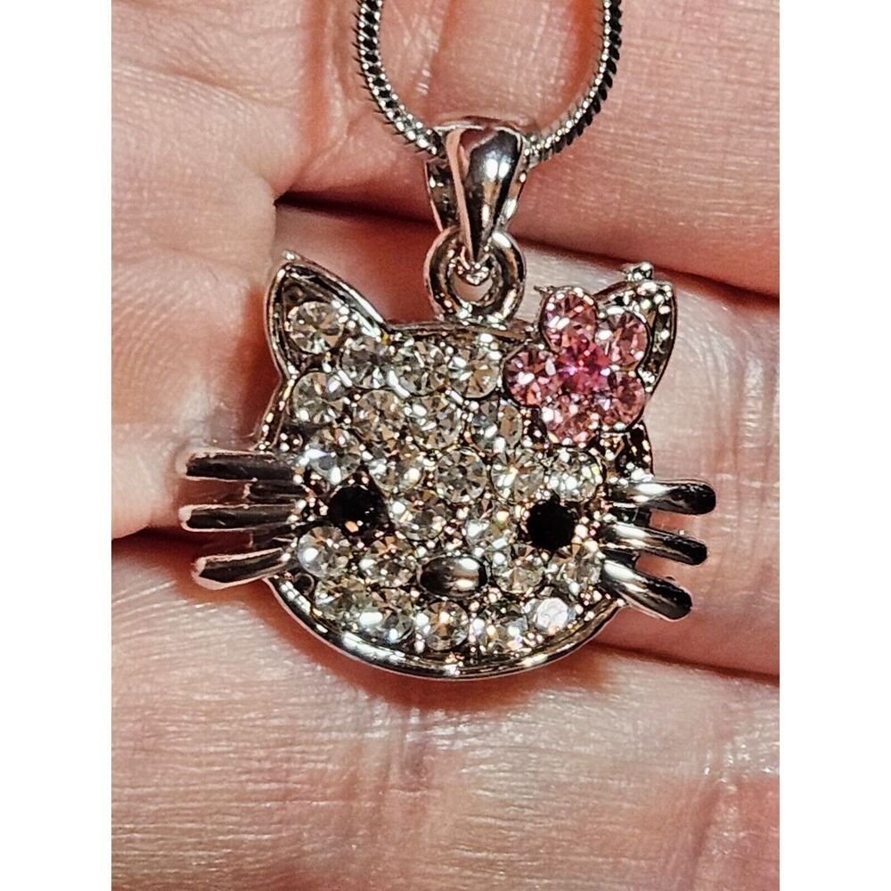 **Sale** Hello Kitty silver tone rhinestone pendant necklace 16"